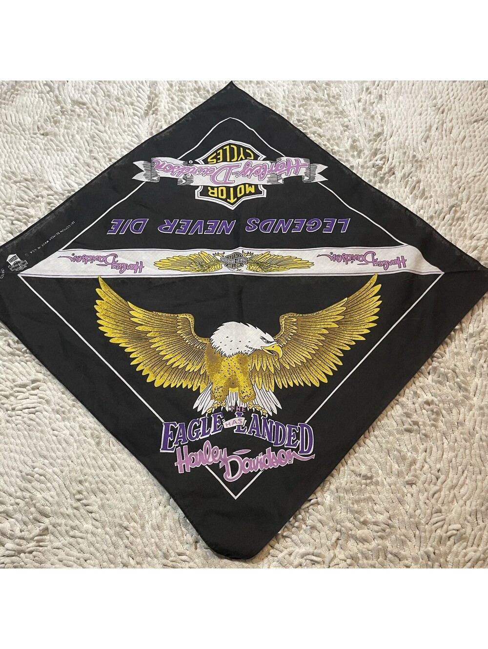Vintage USA Harley Davidson 3-D Emblem Pink Purple "Legends Never Die" Bandana
